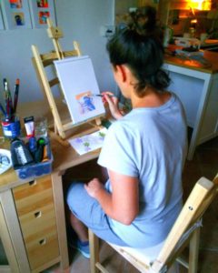 Rachel Petruccillo in her kitchen art studio in Italy