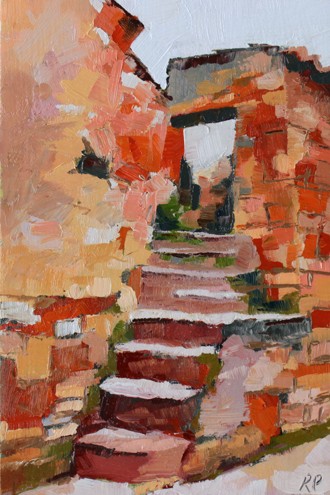 oil painting on wood panel of stone steps in the red stone village of Roussillon in the South of France