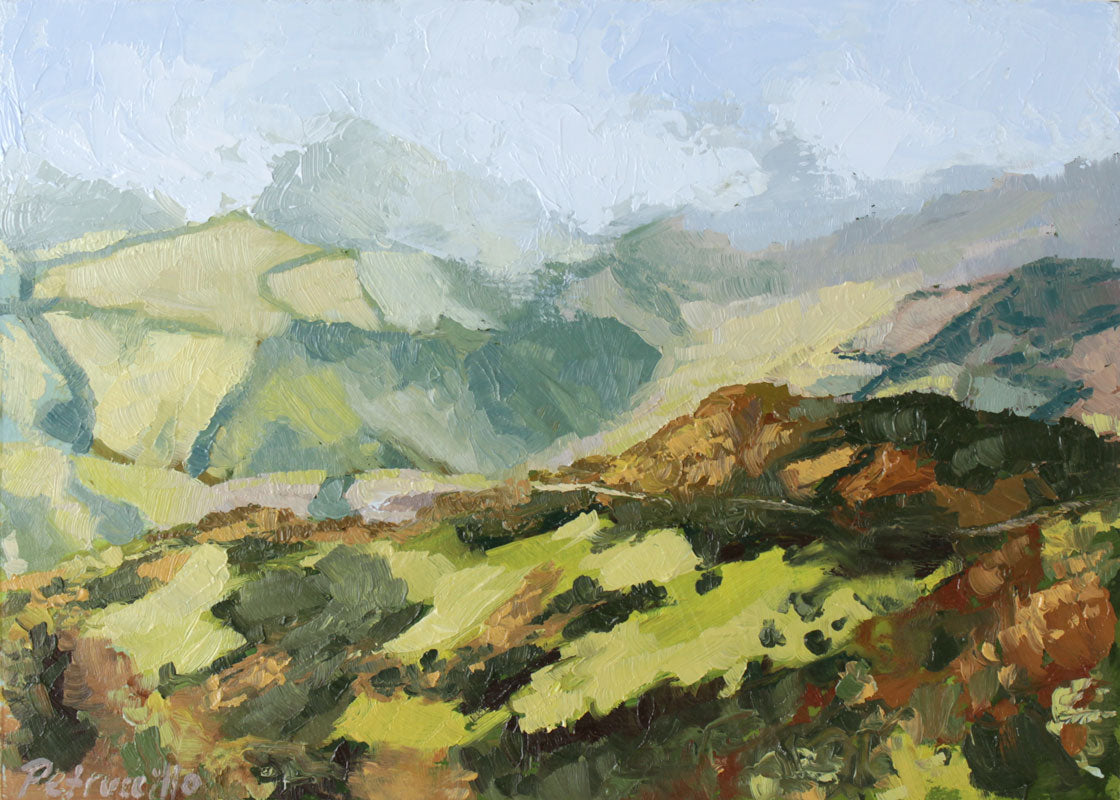 oil painting of a view of distant fields and a hiking trail as seen from a high altitude spiritual location