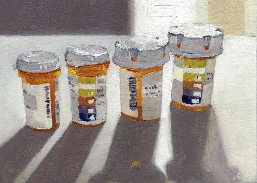 oil painting by Rachel Petruccillo of prescription pill bottles